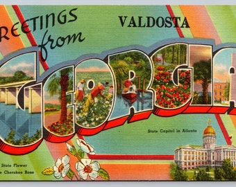 Vintage Postcard, Greetings from Georgia, Valdosta Georgia Large Letter Postcard, c1940s unposted