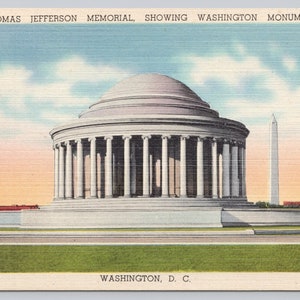 Vintage Postcard, Thomas Jefferson Memorial, West Potomac Park, Showing the Washington Monument, Washington DC, c1940s unposted