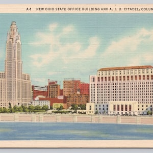 Vintage Postcard, New Ohio State Office Building & A.I.U. Citadel, on the Scioto River, Columbus Ohio, c1940s unposted