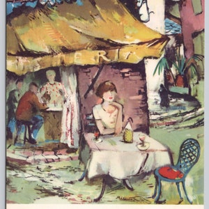 May include: A vintage-style illustration of an outdoor cafe scene featuring a person sitting at a table with a white tablecloth, a bottle, and a glass. A blue metal chair sits nearby, while a yellow awning with the partial text STERIA hangs above.