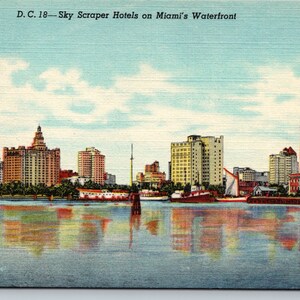 Vintage Postcard, Sky Scraper Hotels on Miami&#39;s Waterfront, Miami Florida, c1930s unposted
