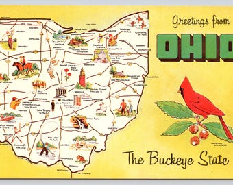 Vintage Postcard, Greetings from Ohio, The Buckeye State, Illustrated State Map Postcard, c1960s Unposted