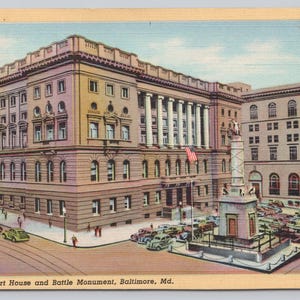 Vintage Postcard, Court House and Battle Monument, Baltimore Maryland, street view with old cars, c1940s unposted