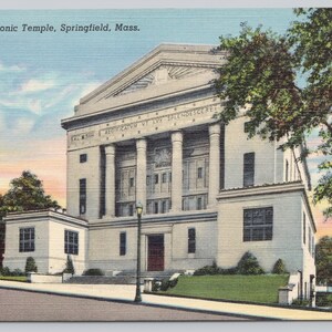 Vintage Postcard, Masonic Temple, exterior street view, Springfield Massachusetts, Freemason, c1940s unposted