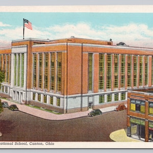 Vintage Postcard, Timken Vocational School, street view with old cars, Canton Ohio, c1940s unposted