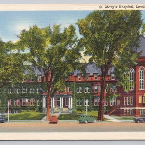 Vintage Postcard, St. Mary&#39;s Hospital, street view with old cars, Lewiston Maine, c1940s unposted