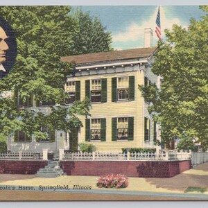 Vintage Postcard, Abraham Lincoln&#39;s House with Abraham Lincoln Portrait, Springfield Illinois, 1940s unposted