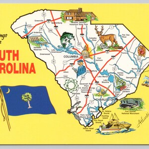 Vintage Postcard, Greetings from South Carolina Illustrated Map Postcard, c1980s 4x6 unposted