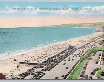 Vintage Postcard, County Bathing Beach & Parking Lot, Roosevelt Highway, Santa Monica California, 1940s unposted