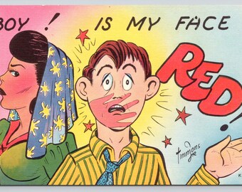 Vintage Cartoon Postcard, Couples Humor, Boy is my face red!, c1940s Unposted