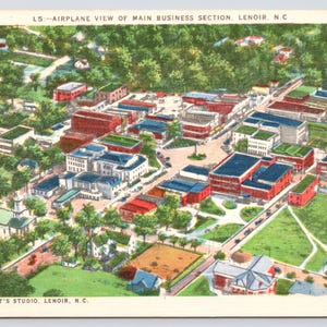 Vintage Postcard, Airplane View of Main Business Section, Lenoir North Carolina, Vintage North Carolina Postcard, c1940s unposted