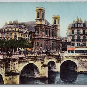 Vintage French Postcard, Besancon les Bains France, Pont Battant Bridge & Église de la Madeleine Church, Carte Postale, c1950s 4x6 unposted