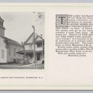 Vintage Postcard, Bainbridge New York Baptist Church, Ladies Home Journal Saturday Evening Post Subscription Advertisement, 1920s Unposted