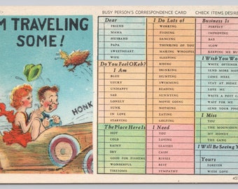 Vintage Comic Postcard, Busy Person's Correspondence Card, "I'm Traveling Some!, Man and Woman in Antique Car, c1940s unposted