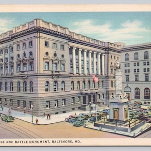 Vintage Postcard, Baltimore Court House & Battle Monument, Baltimore Maryland, c1940s unposted