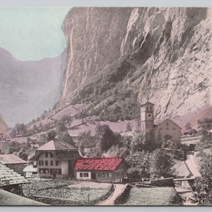 Vintage Postcard, Lauterbrunnen & Staubbach Falls, Swiss Alps, Switzerland, Rare Antique Color Tinted Postcard, c1910s unposted
