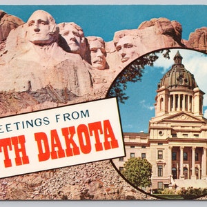 Vintage Postcard, Greetings From South Dakota, Mount Rushmore & South Dakota State Capitol Building, c1950s unposted