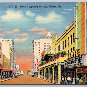 Vintage Postcard, Main Shopping District, Miami Florida, Street View, Movie Theater, Kress Department Store, McCrory&#39;s, c1940s unposted