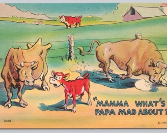Vintage Comic Postcard, "Mamma What's Papa Mad About?", Bull & Cow Family Comic Humor Postcard, c1940s unposted