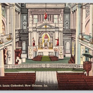 Vintage Postcard, Interior of St. Louis Cathedral showing Pews & Altar, New Orleans Louisiana, c1940s unposted