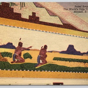 May include: Vintage postcard featuring a panel scene from The World's Only Corn Palace in Mitchell, S.D. The artwork depicts two Native American figures in a landscape with mountains and fields. The postcard has a decorative border and text.