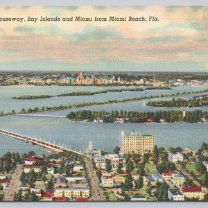 Vintage Postcard, Causeway, Bay Islands, and Miami, view from Miami Beach Florida, c1940s unposted