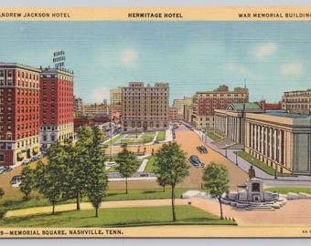 Vintage Postcard, Andrew Jackson Hotel, Hermitage Hotel, & War Memorial Building, Memorial Square, Nashville Tennessee, c1940s unposted