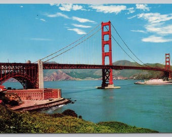 Vintage Postcard, Ship passing under the Golden Gate Bridge, San Francisco California, c1960s unposted
