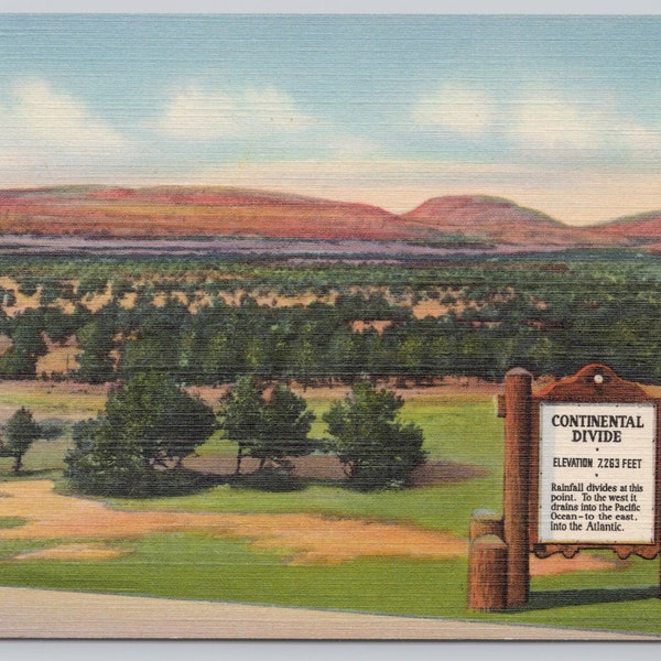 Vintage Postcard, The Great Continental Divide sign, Red Rocks New Mexico Highwaty 66 Route Gallup NM c1940s unposted