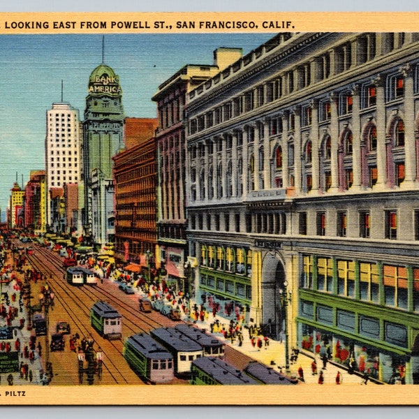 Vintage Postcard, San Francisco California, Market Street looking East from Powell Street, old stores, building, streetcars, c1940s unposted