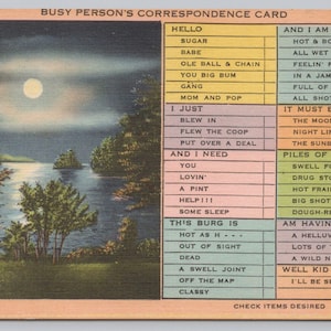 May include: Vintage postcard titled "Busy Person's Correspondence Card" with a scenic lake view under a full moon. The card features a list of phrases and responses, with check boxes for selection.