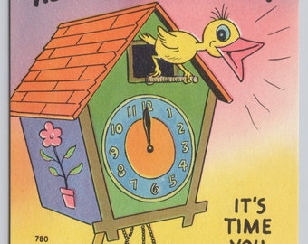 Vintage Comic Postcard, "Just Cuckoo About This Place - It's Time You Said Hello!", Vintage Cuckoo Clock Comic Humor, c1940s unposted