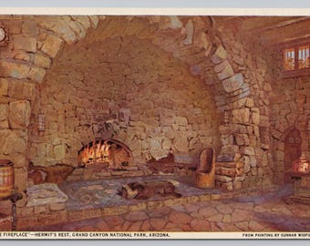 Vintage Postcard, The Fireplace, Hermit's Rest, Grand Canyon National Park Arizona, Fred Harvey Postcard, 1930s unposted