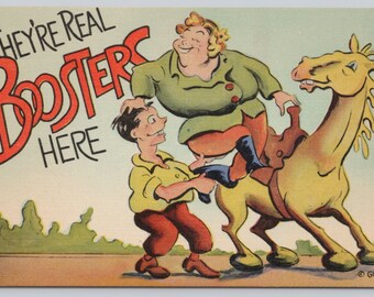 Vintage Comic Postcard, "They're Real Boosters Here", Woman Riding Horse Humor, c1940s unposted