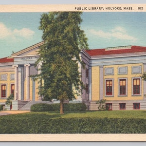 Vintage Postcard, Holyoke Public Library Building, Holyoke Massachusetts, c1940s unposted linen postcard