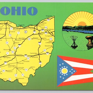 Vintage Postcard, Ohio The Buckeye State, State Map Flag & Seal Postcard, c1980s 4x6 unposted