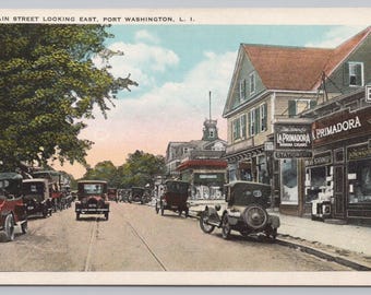 Vintage Postcard, Main Street looking east, Port Washington Long Island New York, 1920s White Border Postcard, unposted