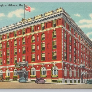 Vintage Postcard, Hotel Georgian, street view with old cars, Athens Georgia, c1940s unposted