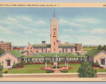 Vintage Postcard, City Hall, Park Avenue, Long Beach, Long Island New York, c1940s unposted