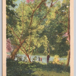 Vintage Postcard, Fishing in a Country Stream, Unidentified Location Vintage Linen Postcard, c1940s unposted