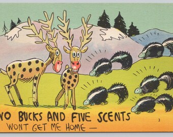 Vintage Comic Postcard, "Two Bucks and Five Scents Won't Get Me Home", Animal Humor, Deer & Skunks, c1940s unposted