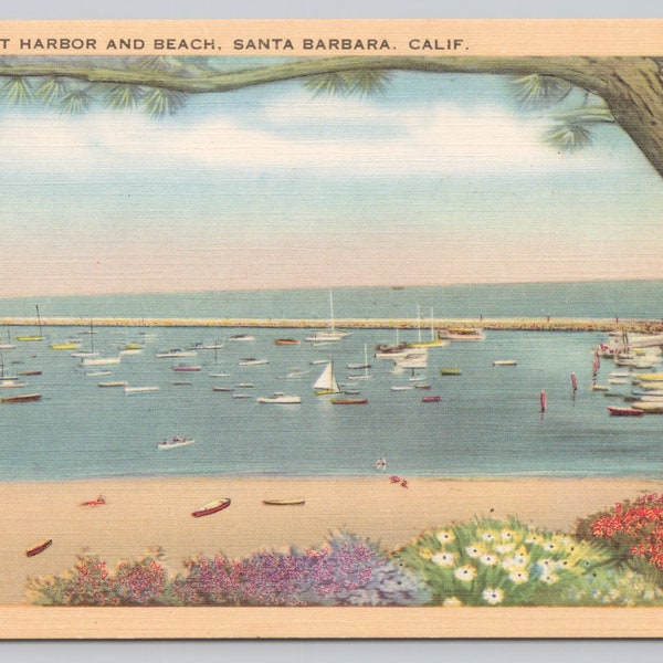 Vintage Postcard, Yacht Harbor and Beach, Santa Barbara California, View of Boats in the Harbor, 1940s unposted