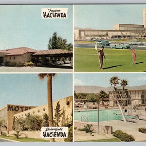 May include: Vintage postcard featuring four scenes of the Hacienda hotel and motel chain. Includes images of the Fresno, Las Vegas, Bakersfield, and Indio locations, showcasing architecture, golf course, and pool scenes.