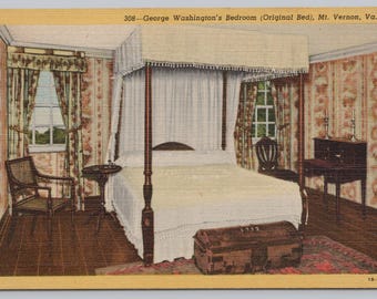 Vintage Postcard, George Washington's Bedroom, Original Bed, Mt. Vernon Virginia, c1940s unposted