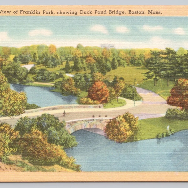 Vintage Postcard, Panorama View of Franklin Park showing Duck Pond Bridge, Boston Massachusetts, c1940s unposted