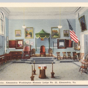 Vintage Postcard, Alexandria Washington Masonic Lodge No. 22, Interior view of altar, Alexandria Virginia, c1940s unposted