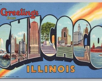 May include: A vintage postcard featuring the text Greetings from CHICAGO ILLINOIS. The large letters contain colorful illustrations of Chicago landmarks, including skyscrapers, a fountain, a statue, and waterfront views against a blue sky.