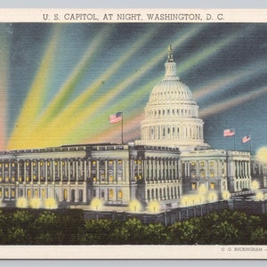 Vintage Postcard, U.S. Capitol by Night, Capitol Building exterior view, Washington DC, c1940s unposted