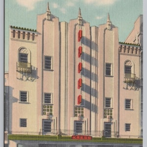May include: A vintage postcard illustration of the New Kress Store in El Paso, Texas, featuring a multi-story building with a light pink facade, vertical red signage, and a green storefront. The text reads New Kress Store, El Paso, Texas Mesa Avenue Section 105.