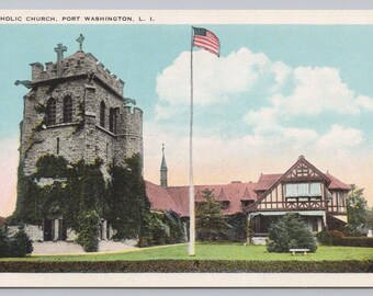 Vintage Postcard, Catholic Church, Port Washington Long Island New York, 1920s White Border Postcard, unposted